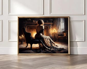 Ritratto di donna vittoriana malinconica: stampa artistica di un dipinto a olio scuro (download digitale)