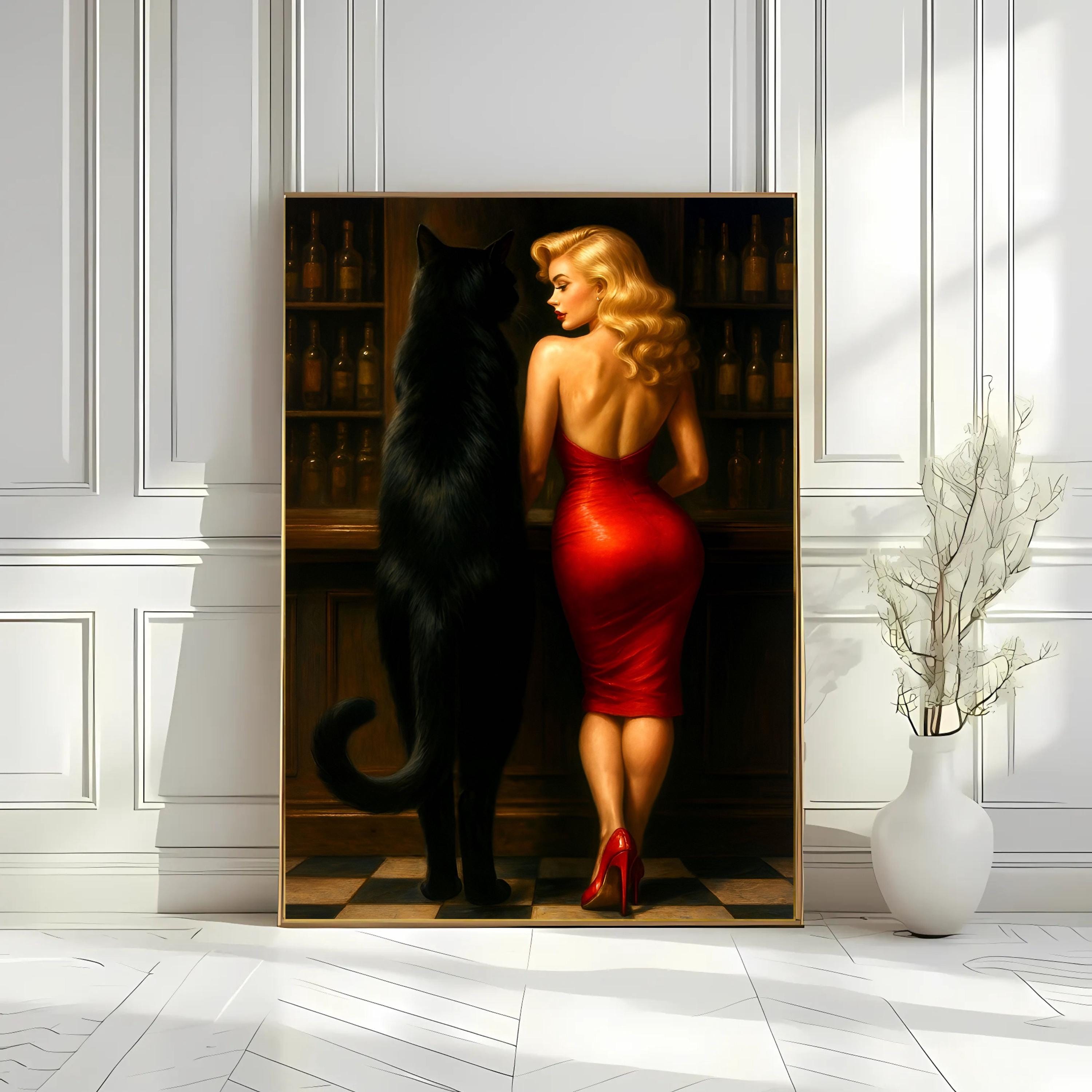 Woman in Red Dress Art Print – Vintage Bar Scene, Black Cat (digital ...