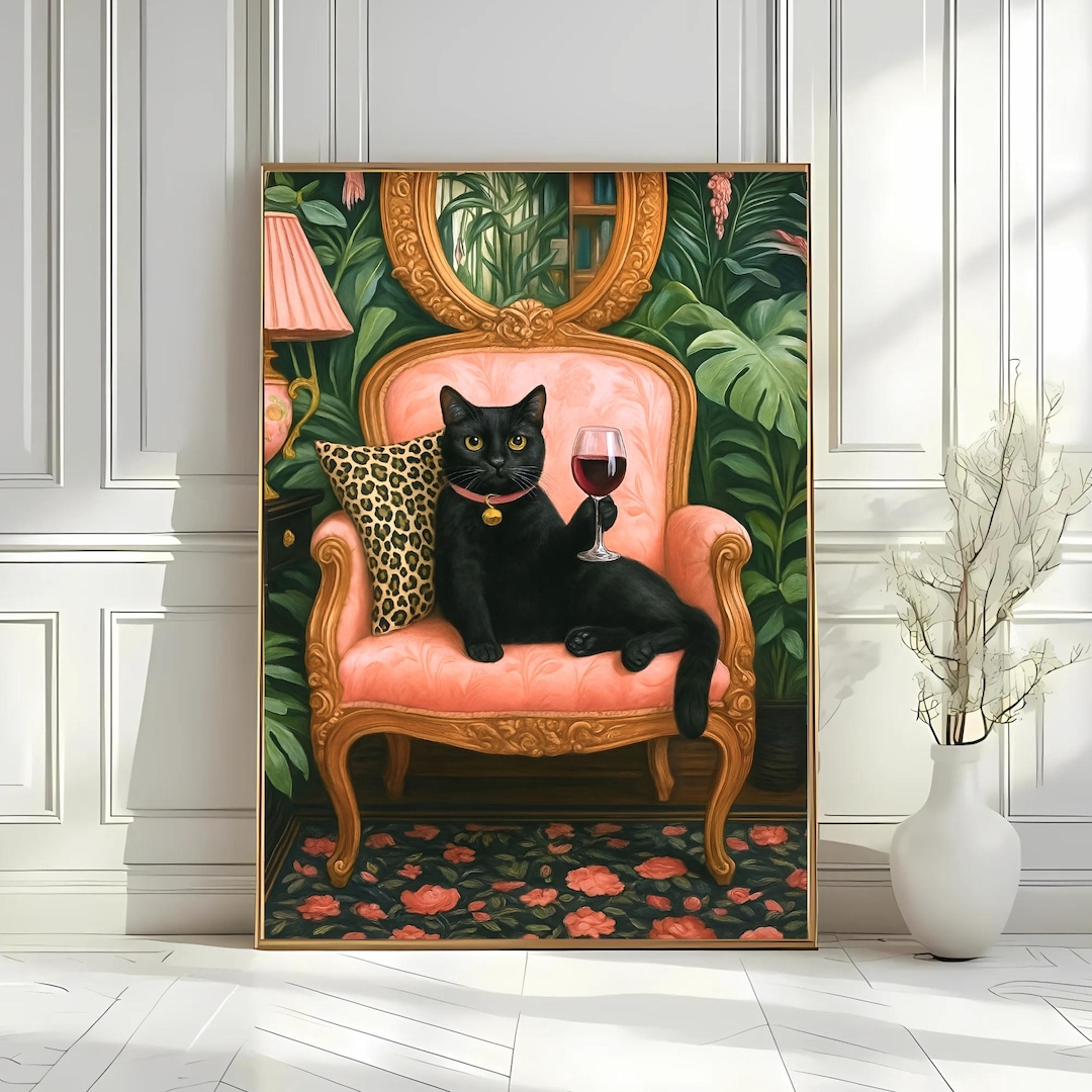 Black Cat Wine Art Print: Whimsical Cat Lover Wall Decor (digital ...