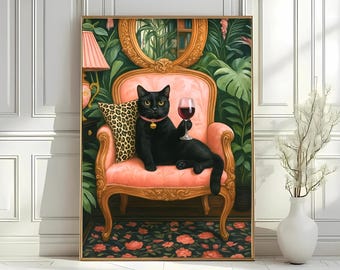 Black Cat Wine Art Print: Whimsical Cat Lover Wall Decor (Digital Download)