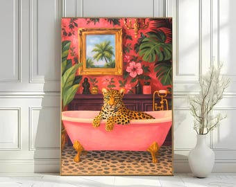 May include: A framed artwork depicts a leopard relaxing in a pink claw-foot bathtub. The background features a red floral wallpaper, a framed landscape painting, and tropical plants. The leopard has a spotted coat and is the focal point of the artwork.