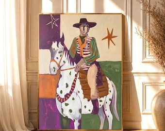 Impresión colorida de vaquera y caballo, arte popular abstracto del oeste (descarga digital)