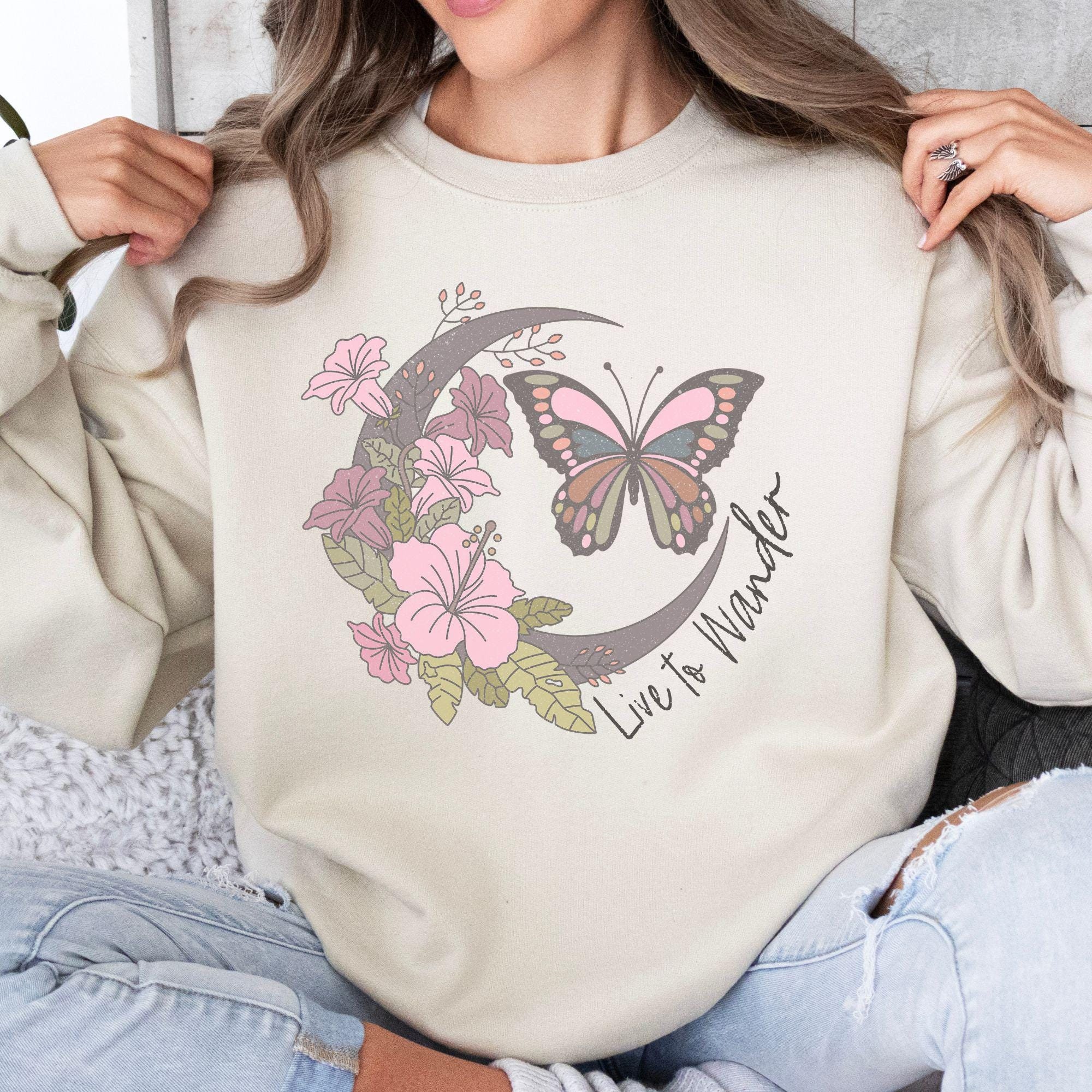 Live to Wander Sweatshirt, Boho Butterfly, Hippie Sweatshirt, Boho Apparel, Free Spirit Clothing, Yoga & Meditation Wear, Moon Lover, Floral