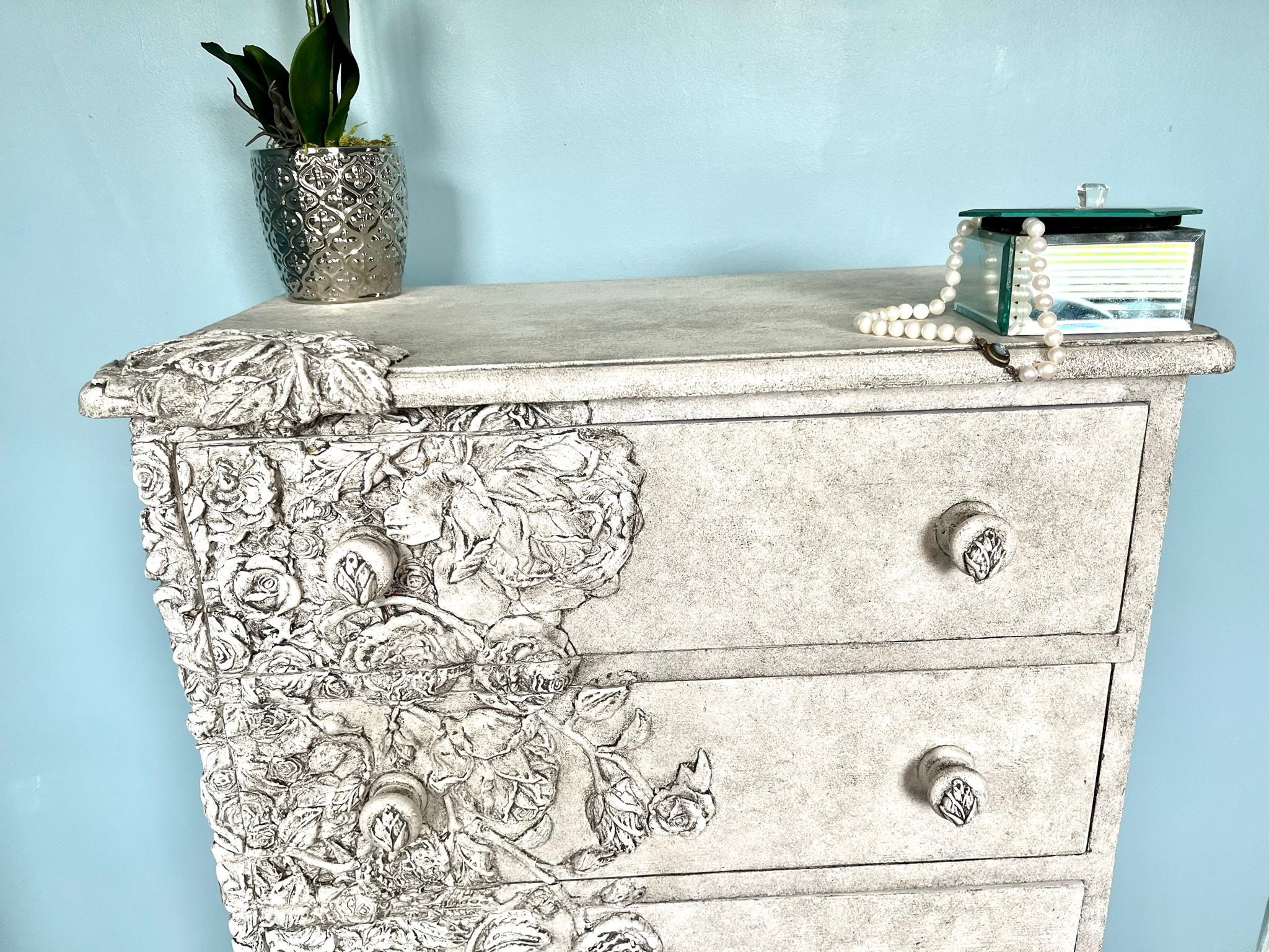 Bespoke Upcycled White 6 Drawer Chest of Drawers. Clay Rose Moulds