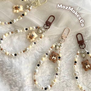 Sleutelhanger teddybeer, tashanger kawaii beren, sleutelclip neutrale kleur, bruin en crème met parels, schattige sleutelhanger, kralenmix, bruin en bruin