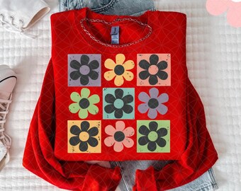 Boho Floral Checkerboard PNG: Retro Daisy Design (Digital Download)