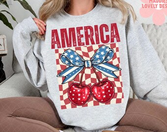Retro America Checkered PNG: Cherry Coquette 4th of July (Digital Download