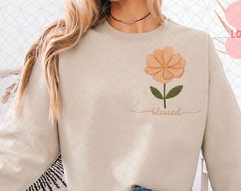 Faux Yarn Embroidered Floral Blessed PNG, Christian Sublimation Design (Digital Download)