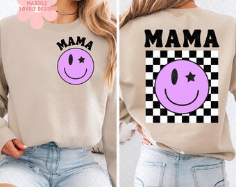 Checkered Retro Mama PNG: Smiley Face, Star Design (Digital Download)