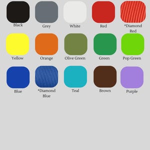 May include: A color chart titled Available Filament Colors displaying fifteen rounded squares in black, grey, white, red, diamond red, yellow, orange, olive green, green, pop green, blue, diamond blue, teal, brown, and purple with a note about speckles.