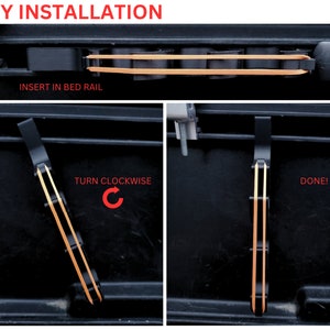May include: A three-part instructional graphic showing the installation of a black plastic hook with an orange rubber band. The text reads EASY INSTALLATION, INSERT IN BED RAIL, TURN CLOCKWISE, and DONE! The hook is shown being inserted and rotated.