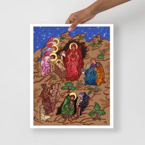 Heilige Familie Krippe Illustration Icon Poster | Jesus Maria und Josef, Hirten, Engel und Weise | Katholische Wandkunst