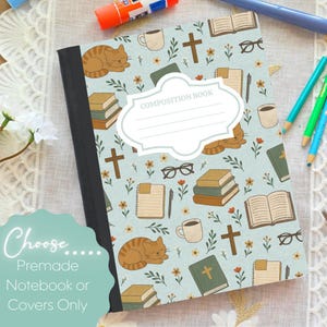 May include: A composition book with a light blue cover featuring a repeating pattern of orange cats, stacks of books, coffee mugs, eyeglasses, crosses, and small flowers. A white label with the text COMPOSITION BOOK is centered on the front cover.