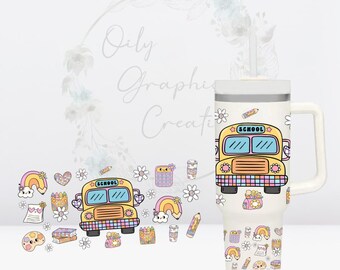 Bus, Supplies, & Daisies UV DTF 40oz Tumbler Wrap, 40oz, Wrap, Tumbler, Decal, Ready, Apply, Coffee, Gift for Teacher