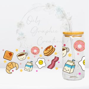 Envoltura UV DTF para comida de desayuno, envoltura para latas de vidrio de 16 oz, vaso de vidrio, transferencia, envoltura, calcomanía, lista para aplicar, café, kawaii