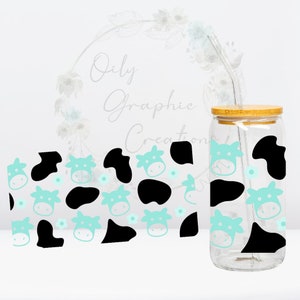 Cows & Spots UV DTF Wrap, 16oz Glass Can Wrap, Glass Cup, Transfer, Wrap, Decal, Ready to Apply, Coffee, Cow, Spots, Flowers, Cute