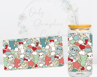 Envoltura UV DTF de gatos, calaveras y estrellas, envoltura para latas de vidrio de 16 oz, vaso de vidrio, transferencia, envoltura, calcomanía, lista para aplicar, café, kawaii