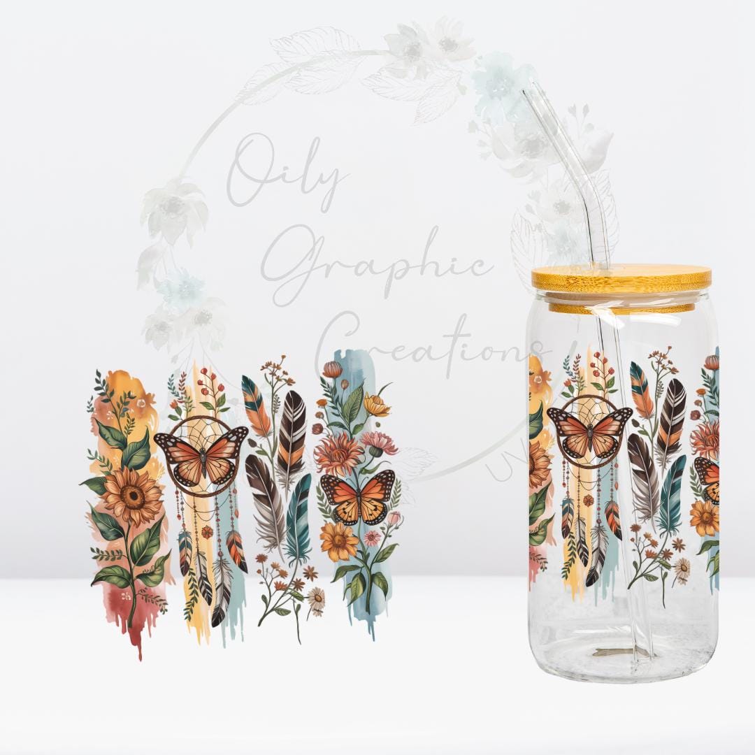 4 Autocollants Transfert UV DTF Pour Tasses - Papillon, Tournesol - 23x11cm Avec Grattoir