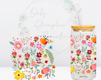 Calcomanía UV DTF de flores coloridas de 4 pulgadas, calcomanía para lata de vidrio de 16 oz, vaso de vidrio, calcomanía, envoltura, transferencia, lista para aplicar, floral
