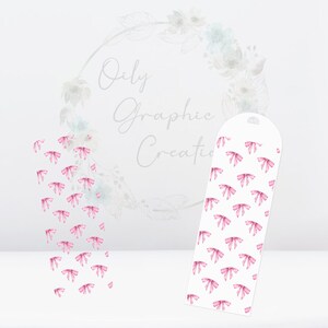 May include: Two printable gift tags with a pink bow pattern. The tags are white with a rounded top and a hole for string. The text "Oily Graphic Creations" is visible in the background.