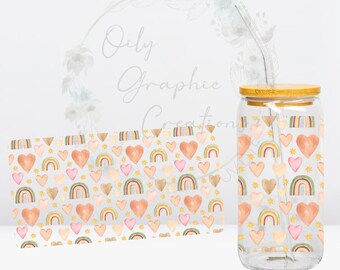 Hearts & Rainbows UV DTF Wrap, 16oz Glass Can Wrap, Glass Cup, Transfer, Wrap, Decal, Ready to Apply, Coffee, Valentine