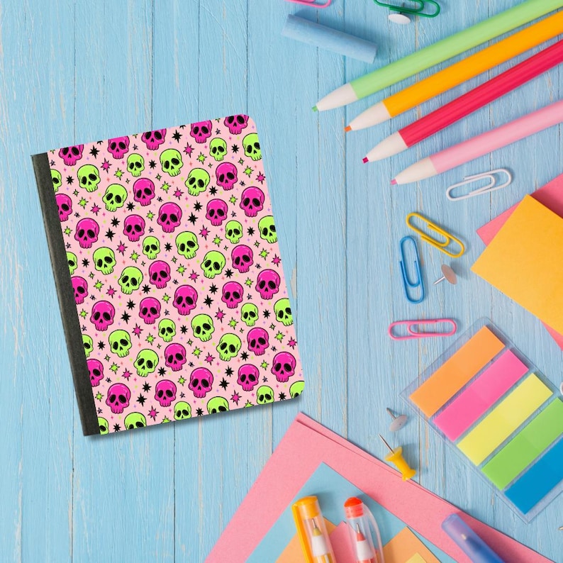 Embroidered Notebook Pattern Pink & Greens Skulls Mini Composition Notebook and Covers, School ...