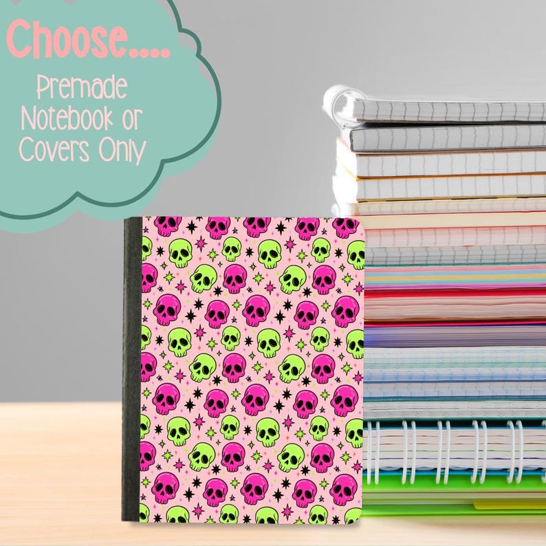 Embroidered Notebook Pattern Pink & Greens Skulls Mini Composition Notebook and Covers, School ...