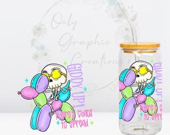 Giddy Up UV DTF Calcomanía de 4 in, Calcomanía para lata de vidrio de 16 oz, Calcomanía para vaso de vidrio, Calcomanía, Envoltura, Transferencia, Lista para aplicar, Caos