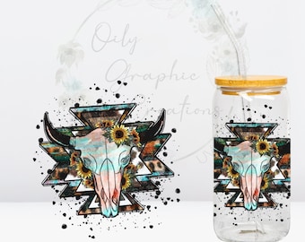 Boho Western Skull UV DTF 4in Decal, 16oz Glass Can Decal, Glass Cup, Decal, Wrap, Transfer, Ready to Apply, Western, Skull, Skeleton