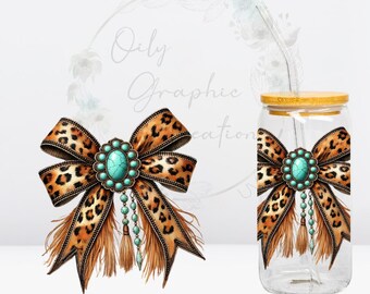 Cheetah Bow & Turquoise UV DTF 4in Decal, 16oz Glass Can Decal, Glass Cup, Decal, Wrap, Transfer, Ready to Apply, Western