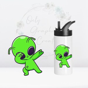 May include: A white water bottle featuring a green cartoon alien with purple eyes in a dabbing pose. The bottle has a black lid and a black spout. A larger version of the alien is to the left of the bottle.
