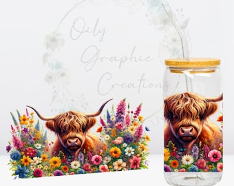 Vinilo adhesivo UV para latas de vidrio de 473 ml (16 oz), diseño de vaca, flores silvestres y vaca de las Tierras Altas. Listo para aplicar.