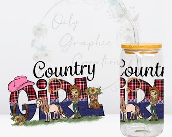 Vinilo adhesivo Country Girl UV DTF para latas de vidrio de 16 oz, vasos de vidrio, calcomanías, listo para aplicar, café, vaquera