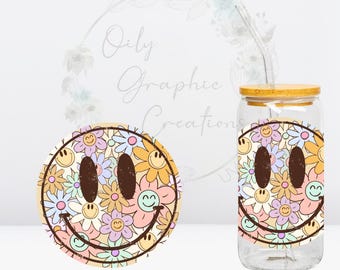 Decalcomania UV DTF da 4 pollici con sorriso floreale Boho, per lattine in vetro da 16 once, per bicchieri in vetro, decalcomania, involucro, trasferimento, pronta da applicare, floreale