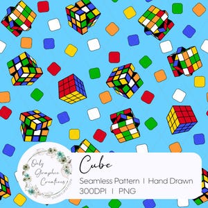 Puede incluir: Patrón sin costuras con cubos de Rubik coloridos y cuadrados dispersos sobre un fondo azul claro. El diseño incluye el texto "Cube" y "Seamless Pattern | Hand Drawn 300DPI | PNG".