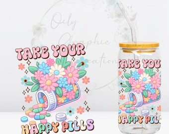 Decalcomania Happy Pills UV DTF da 4 pollici, decalcomania per lattina di vetro da 16 once, tazza di vetro, decalcomania, involucro, trasferimento, pronta per l'applicazione, floreale