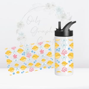 May include: White water bottle with a black lid and a pattern of yellow pufferfish, light blue bows, pink coral, and blue bubbles. The bottle has a black spout and is designed for cold beverages.