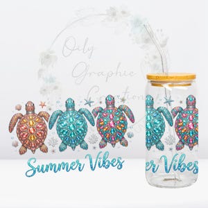 May include: A clear glass tumbler with a bamboo lid and a metal straw. The tumbler features a repeating pattern of colourful sea turtles. The words "Summer Vibes" are written in blue script.