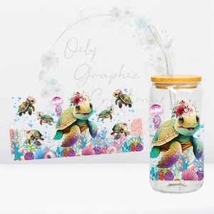 Sea Turtles UV DTF Wrap, 16oz Glass Can Wrap, Glass Cup, Transfer, Christmas, Holiday, Sea Turtles, Sea, Ocean, Turtle, Ready to Apply