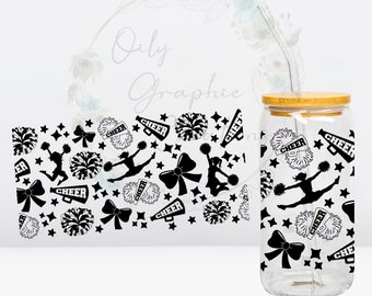 Cheer UV DTF Wrap, 16oz Glass Can Wrap, Glass Cup, Transfer, Wrap, Decal, Ready to Apply, Coffee, Cheering, Bows, Dance, Pom Poms, Cheer