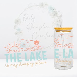 Vinilo adhesivo UV Lake Happy Place para latas de vidrio de 473 ml (16 oz), vasos de vidrio, calcomanías listas para aplicar, café, lago, playa, sol, natación