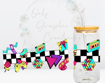 Emballage DTF UV rétro des années 90, Emballage pour canette en verre de 16 oz, Coupe en verre, Transfert, Wrap, Sticker, Prêt à poser, Café, Cassette, Patins, Rétro, Années 90, Anneau pop