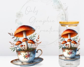 Tazza da tè a forma di fungo, decalcomania UV DTF da 4 pollici, decalcomania per lattina di vetro da 16 once, tazza di vetro, decalcomania, involucro, trasferimento, pronta per l'applicazione, carina, tè, funghi, festa del tè