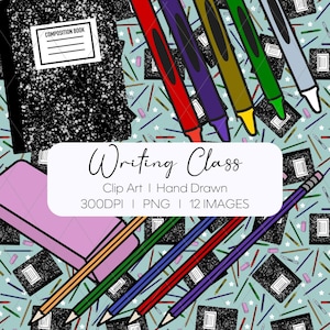 Könnte beinhalten: Digitale Illustration mit Schulmaterialien. Notizbücher, Bleistifte und Buntstifte auf hellblauem Hintergrund mit Sternen und Bleistiftdetails. Der Text "Writing Class" wird in einem weißen Rechteck angezeigt.