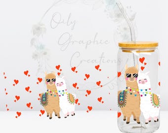 Llama Hearts UV DTF Wrap, 16oz Glass Can Wrap, Glass Cup, Transfer, Wrap, Decal, Ready to Apply, Coffee, Valentine