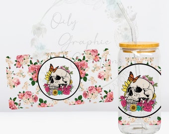 Skulls & Flowers UV DTF Wrap, 16oz Glass Can Wrap, Glass Cup, Transfer, Wrap, Decal, Ready to Apply, Coffee, Skulls, Flowers, Skeleton, Pink