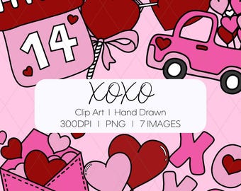 May include: A collection of Valentine's Day-themed clip art elements. The image features a pink background with a calendar showing the date 14, hearts, a pink truck, an envelope, and the text "XOXO". The clip art is hand-drawn.