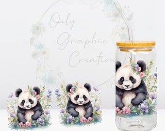 Zwei Pandas UV DTF Wrap, 16 Unzen Glasdosenverpackung, Glastasse, Transfer, Wrap, Aufkleber, bereit zu gelten, Kaffee, niedlich, Blumen, Panda, Pink, Lila