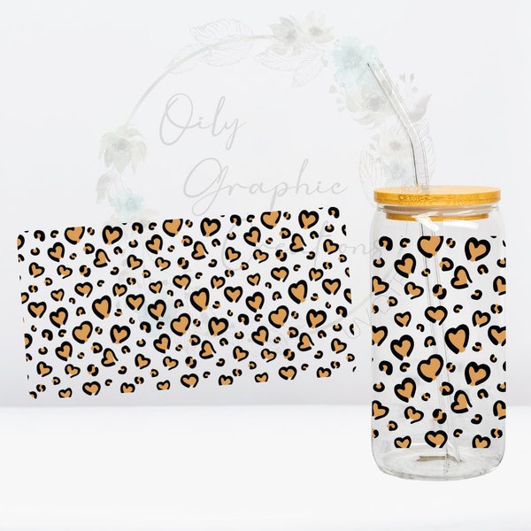 Cheetah Hearts UV DTF Wrap, 16oz Glass Can Wrap, Glass Cup, Transfer, Cheetah, Hearts, Animal, Print, Design, Heart, Black, Ready to Apply