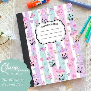 May include: A composition book with a black spine and a cover featuring vertical stripes in pastel pink, purple, and blue. The pattern includes illustrations of boba tea cups with faces, bows, flowers, and stars. A white label with black text reads COMPOSITION BOOK.